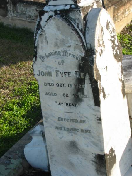 John Fyfe REA, died 19 Oct 1920 aged 62 years;  | Marburg Anglican Cemetery, Ipswich  | 