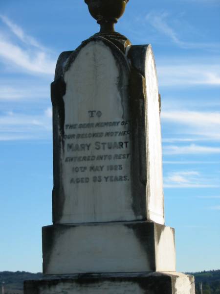 Mary STUART, died 10 May 1923 aged 93 years;  | William Scott STUART, died 3 Aug 1894 aged 29 years;  | James STUART, died 3 Sept 1894 aged 64 years;  | Marburg Anglican Cemetery, Ipswich  | 