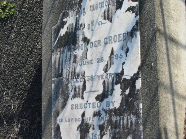 Arthur VON DER GROEBEN, died 28 June 1895 aged 38 years,  | erected by wife mother;  | Thomas, died 31 May 1904 aged 17 years, son;  | Marburg Anglican Cemetery, Ipswich  | 