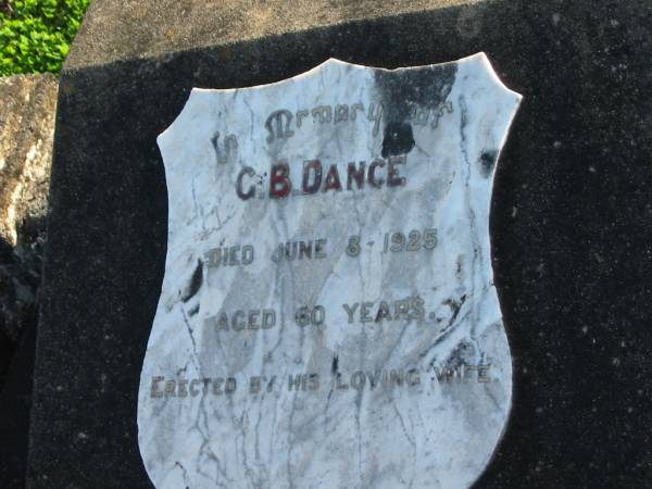 G.B. DANCE, died 8 June 1925 aged 60 years, erected by wife;  | Marburg Anglican Cemetery, Ipswich  | 