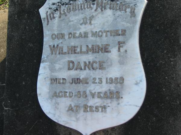 Wilhelmine F. DANCE, died 23 June 1959 aged 88 years, mother;  | Marburg Anglican Cemetery, Ipswich  | 