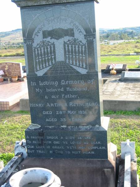 Henry Arthur RETSCHLAG, died 28 May 1931 aged 35 years, husband father;  | Marburg Anglican Cemetery, Ipswich  | 