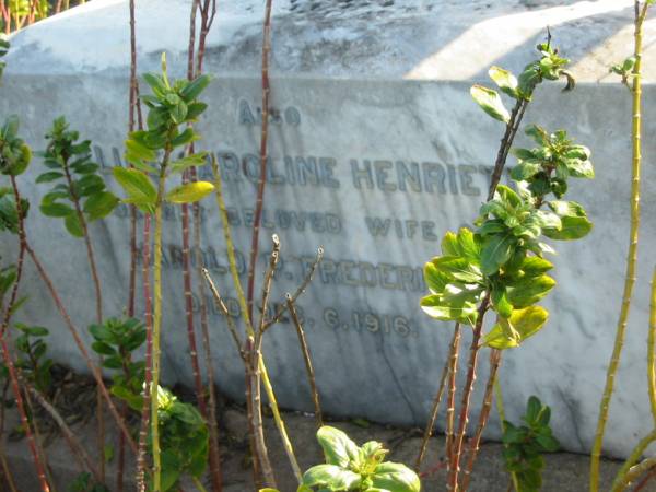 Zillah, wife of J.L. FREDERICH, died 27 June 1900;  | Johannes Ludwig FREDERICH, died 30 July 1909;  | Alice Caroline Henriette, wife of Harold P. FREDERICH,  | died 6 Dec 1916;  | Marburg Anglican Cemetery, Ipswich  | 