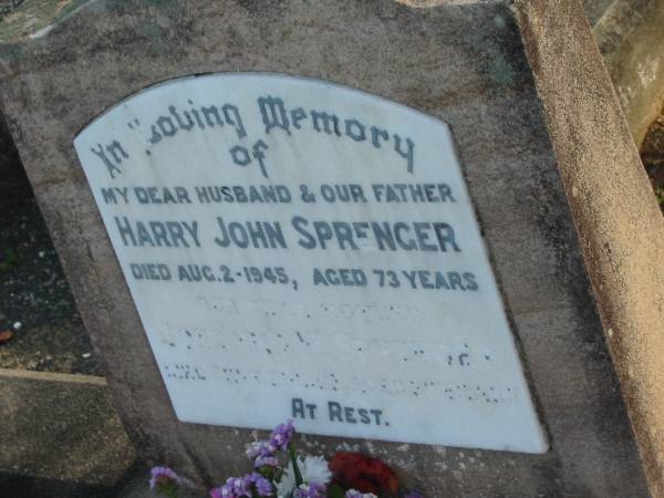 Harry John SPRENGER, died 2 Aug 1945 aged 73 years, husband father;  | Johanna W. SPRENGER, died 21 Sept 1963? aged 88? years;  | Marburg Anglican Cemetery, Ipswich  | 