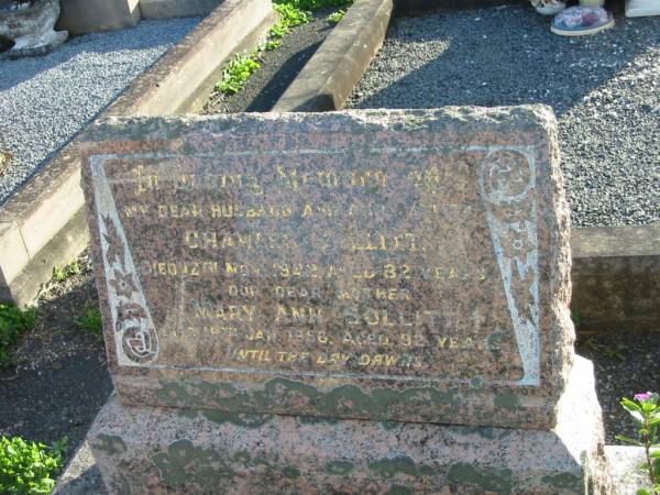 Charles SOLLITT, died 12 Nov 1942 aged 82 years, husband father;  | Mary Ann SOLLITT, died 17 Jan 1956 aged 92 years, mother;  | Marburg Anglican Cemetery, Ipswich  | 