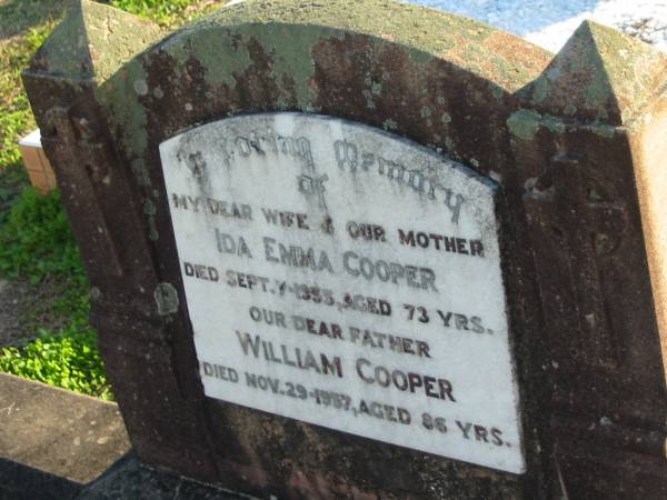 Ida Emma COOPER,  | died 7 Sept 1955 aged 73 years,  | wife mother;  | William COOPER,  | died 29 Nov 1957 aged 86 years,  | father;  | Marburg Anglican Cemetery, Ipswich  | 