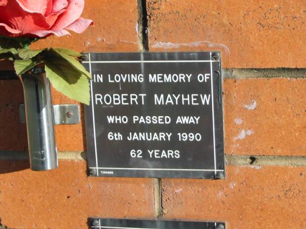 Robert MAYHEW,  | died 6 Jan 1990 aged 62 years;  | Marburg Anglican Cemetery, Ipswich  | 