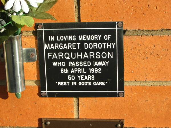 Margaret Dorothy FARQUHARSON,  | died 8 April 1992 aged 50 years;  | Marburg Anglican Cemetery, Ipswich  | 