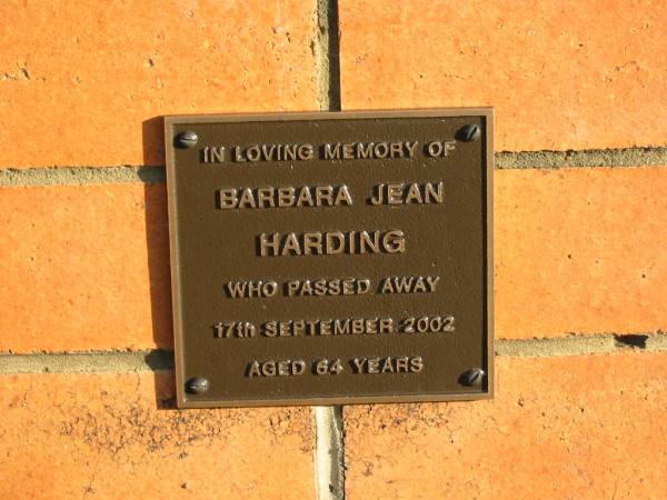 Barbara Jean HARDING,  | died 17 Sept 2002 aged 64 years;  | Marburg Anglican Cemetery, Ipswich  | 