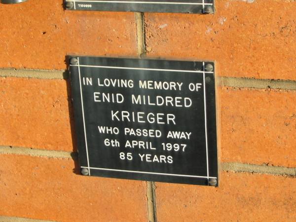 Enid Mildred KRIEGER,  | died 6 April 1997 aged 85 years;  | Marburg Anglican Cemetery, Ipswich  | 