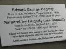 Edward George HEGARTY, born Hull Yorkshire England 30-11-1920, died 27-11-2000 aged 79 years; Margaret Ivy HEGARTY, nee RANDALL, born Andover England 4-11-1930, died 9-1-1990 aged 60 years; married 1950, left England 1969, children Stephen, Julie, Michael Peter & Robert; Marburg Lutheran Cemetery, Ipswich 
