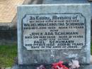 Wilhelmina Christina SCHUMANN, wife mother, died 18 June 1955 aged 73 years; Joyce Ada SCHUMANN, died 3 May 1954 aged 31 years; Paul SCHUMANN, father, died 7 Oct 1962 aged 81 years; Marburg Lutheran Cemetery, Ipswich 