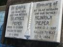 Beatrice PIEPER, wife mother, born 31-3-1896 died 11-1-1992; Heinrich PIEPER, husband father, born 12-3-1890 died 22-5-1984; Marburg Lutheran Cemetery, Ipswich 
