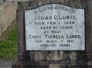 Johan C. LUBKE, died 1 Feb 1939 aged 61 years; Emma Theresa LUBKE, died 7 March 1975 aged 88 years; Marburg Lutheran Cemetery, Ipswich 