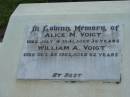 Alice M. VOIGT, died 4 July 1941 aged 35 years; William A. VOIGT, died 26 Oct 1963 aged 62 years; Marburg Lutheran Cemetery, Ipswich 