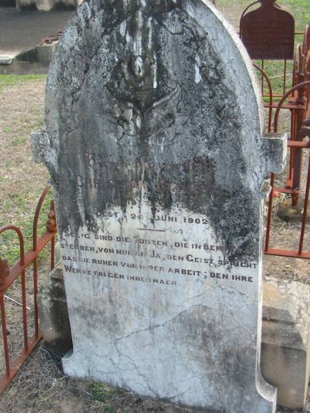 Christian SCHUEBEL,  | born 19 Dec 1810,  | died 26 June 1902,  | Marburg Lutheran Cemetery, Ipswich  | 