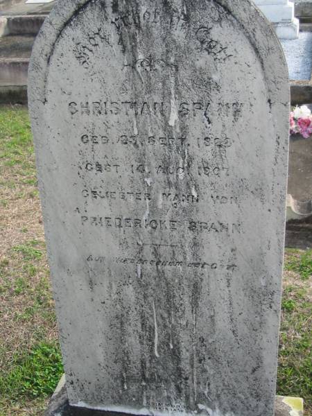 Christian SPANN,  | born 23 Sept 1823 died 14 Aug 1907,  | husband? of Friedericke SPANN;  | Marburg Lutheran Cemetery, Ipswich  | 