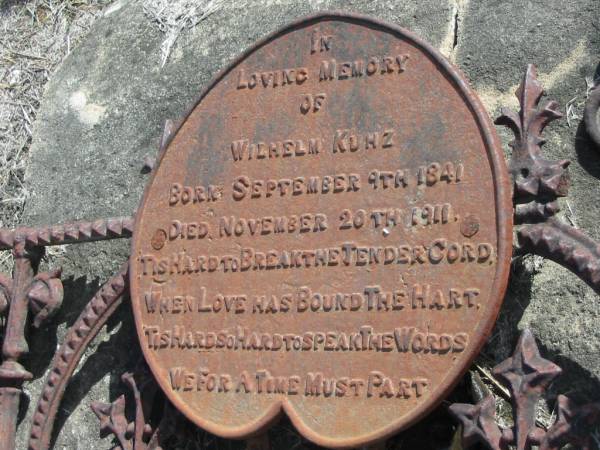 Wilhelm KUHZ,  | born 9 Sept 1841 died 20 Nov 1911;  | Marburg Lutheran Cemetery, Ipswich  | 