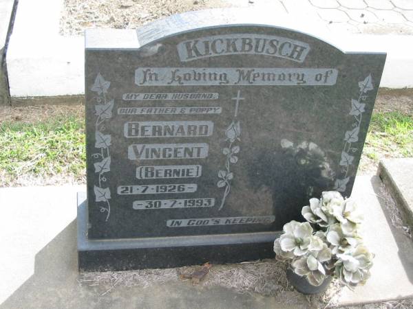 KICKBUSCH, Bernard Vincent (Bernie),  | died 21-7-1926 - 30-7-1993,  | husband father poppy;  | Marburg Lutheran Cemetery, Ipswich  | 