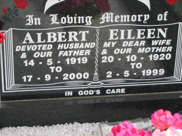 BLANK;  | Albert, husband father,  | 14-5-1919 - 179-2000;  | Eileen, wife mother,  | 20-10-1920 - 2-5-1999;  | Marburg Lutheran Cemetery, Ipswich  | 