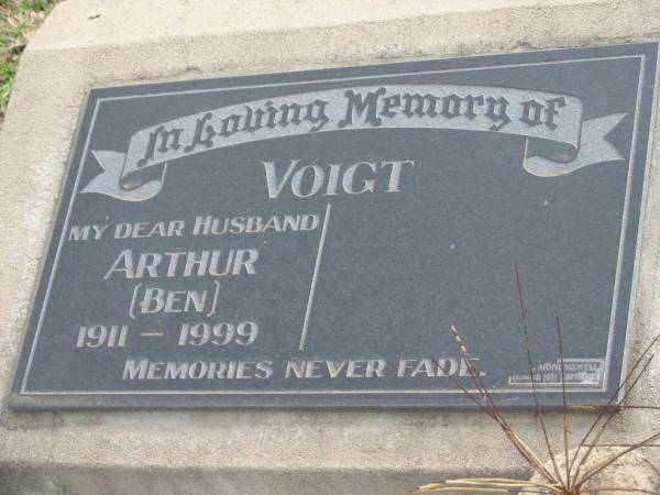 VOIGHT, Arthur (Ben),  | 1911 - 1999, husband;  | Marburg Lutheran Cemetery, Ipswich  | 