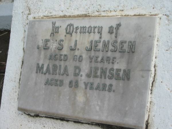 Jens J. JENSEN, aged 60 years;  | Maria D. JENSEN, aged 88 years;  | Marburg Lutheran Cemetery, Ipswich  | 