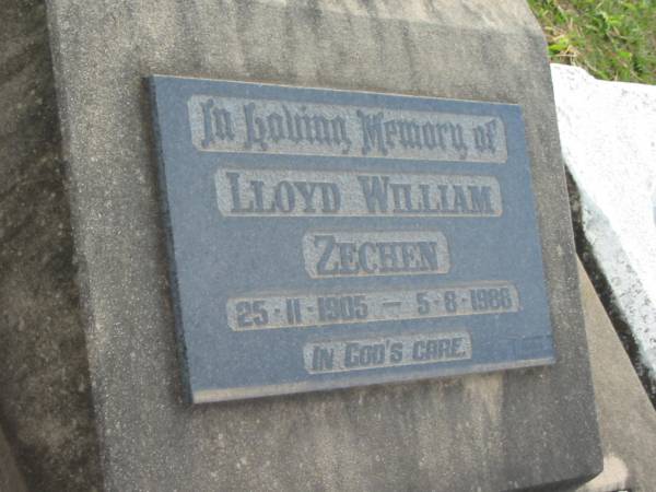 Lloyd William ZECHEN,  | 25-11-1905 - 5-8-1988;  | Marburg Lutheran Cemetery, Ipswich  | 