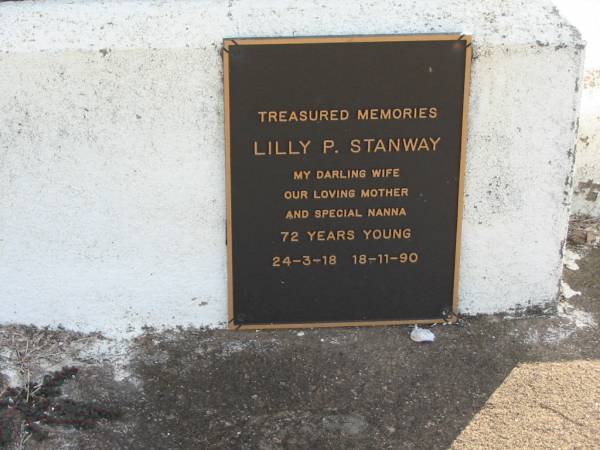 Sarah BERLIN, 1880 - 1937;  | Henry W. BERLIN, 1878 - 1957;  | Robert G. STANWAY, father pa,  | 28-12-1909 - 5-4-1992 aged 82 years;  | Lilly P. STANWAY, wife mother nanna,  | 24-3-18 - 18-11-90 aged 72 years;  | Marburg Lutheran Cemetery, Ipswich  | 