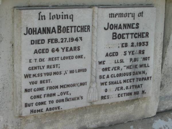 Johanna BOETTCHER, died 27 Feb 1943 aged 64 years;  | Johannes BOETTCHER, died 2 Feb 1953 aged 75 years;  | Marburg Lutheran Cemetery, Ipswich  | 