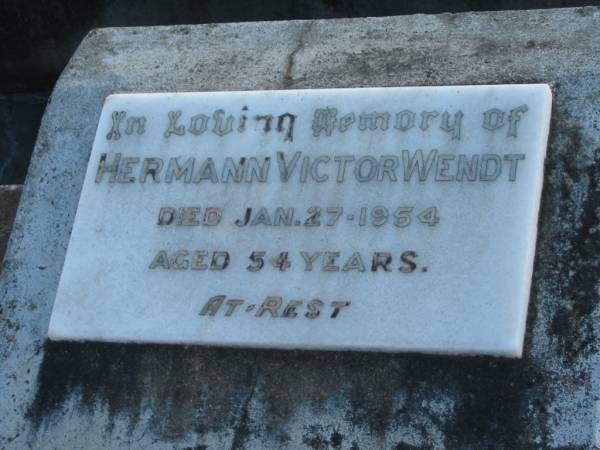 Hermann Victor WENDT,  | died 27 Jan 1954 aged 54 years,  | Mack;  | Marburg Lutheran Cemetery, Ipswich  | 