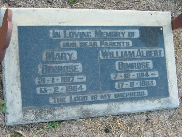 parents;  | Mary BIMROSE,  | 21-1-1917 - 13-2-1984;  | William Albert BIMROSE,  | 7-12-1914 - 17-8-1983;  | Marburg Lutheran Cemetery, Ipswich  | 