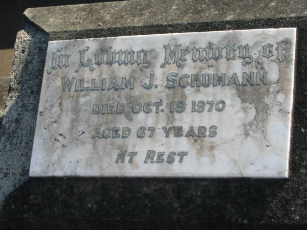 William J. SCHUMANN,  | died 18 Oct 1970 aged 67 years;  | Marburg Lutheran Cemetery, Ipswich  | 