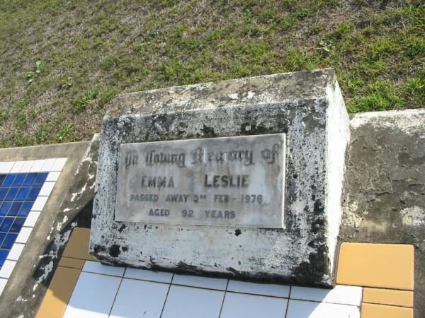 Emma LESLIE,  | died 3 Feb 1976 aged 92 years;  | Marburg Lutheran Cemetery, Ipswich  | 