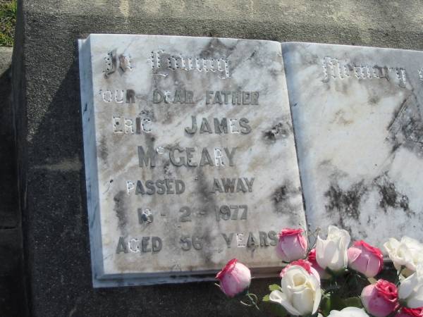Eric James MCGEARY, father,  | died 18-2-1977 aged 56 years;  | Marburg Lutheran Cemetery, Ipswich  | 