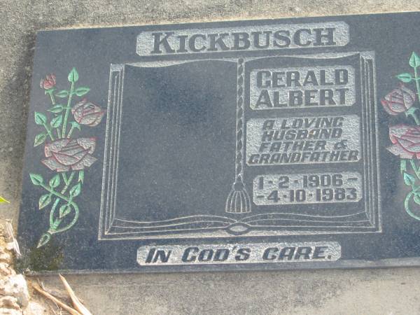 KICKBUSCH, Gerald Albert,  | husband father grandfather,  | 1-2-1906 - 4-10-1983;  | Marburg Lutheran Cemetery, Ipswich  |   | 