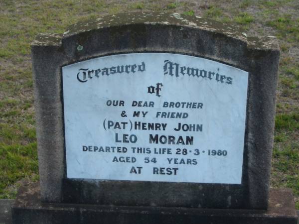 (Pat) Henry John Leo MORAN, brother,  | died 28-3-1980 aged 54 years;  | Marburg Lutheran Cemetery, Ipswich  | 