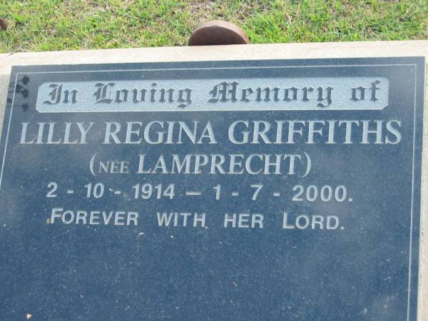 Lilly Regina GRIFFITHS, nee LAMPRECHT,  | 2-10-1914 - 1-7-2000;  | Marburg Lutheran Cemetery, Ipswich  | 