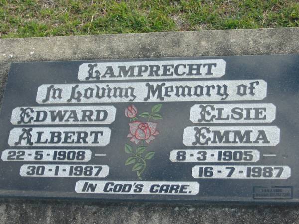 LAMPRECHT;  | Edward Albert,  | 22-5-1908 - 30-1-1987;  | Elsie Emma,  | 8-3-1905 - 16-7-1987;  | Marburg Lutheran Cemetery, Ipswich  | 