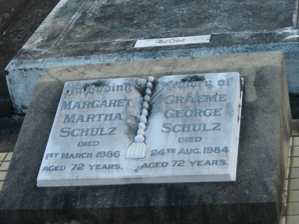 Margaret Martha SCHULZ,  | died 1 Mar 1986 aged 72 years;  | Graeme George SCHULZ,  | died 24 Aug 1984 aged 72 years;  | Marburg Lutheran Cemetery, Ipswich  | 
