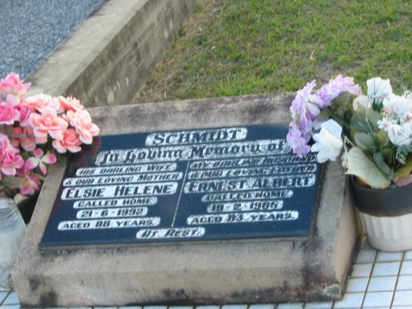 SCHMIDT;  | Elsie Helene, wife mother,  | died 21-6-1992 aged 88 years;  | Ernest Albert, husband father,  | died 19-2-1986? aged 83 years;  | Marburg Lutheran Cemetery, Ipswich  | 