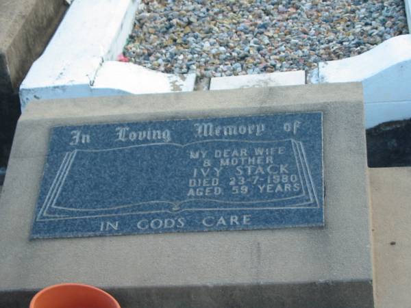 Ivy STACK, wife mother,  | died 23-7-1980 aged 59 years;  | Marburg Lutheran Cemetery, Ipswich  | 