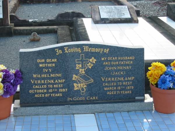 Ivy Wilhelmine VERRENKAMP, mother,  | died 10 Oct 1997 aged 87 years;  | John Henry (Jack) VERRENKAMP, husband father,  | died 16 March 1979 aged 71 years;  | Marburg Lutheran Cemetery, Ipswich  | 