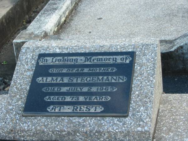 Alma STEGEMANN, mother,  | died 2 July 1963 aged 73 years;  | Marburg Lutheran Cemetery, Ipswich  | 