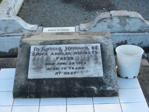 Emma Amelia Auguste FRESE,  | died 29 Apr 1965 aged 76 years;  | Marburg Lutheran Cemetery, Ipswich  | 