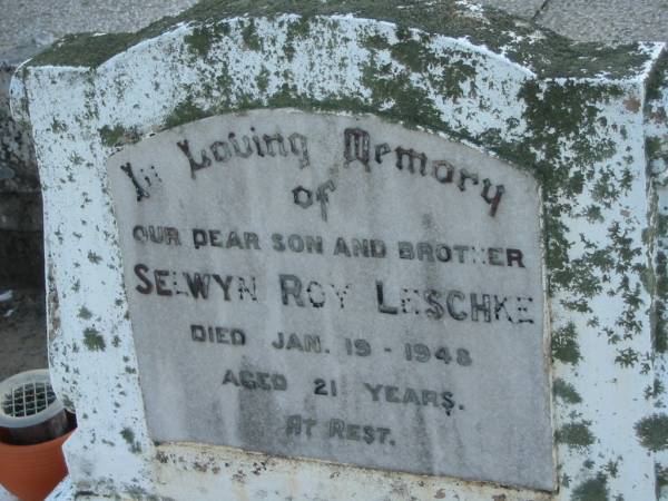 Selwyn Roy LESCHKE, son brother,  | died 19 Jan 1948 aged 21 years;  | Marburg Lutheran Cemetery, Ipswich  | 