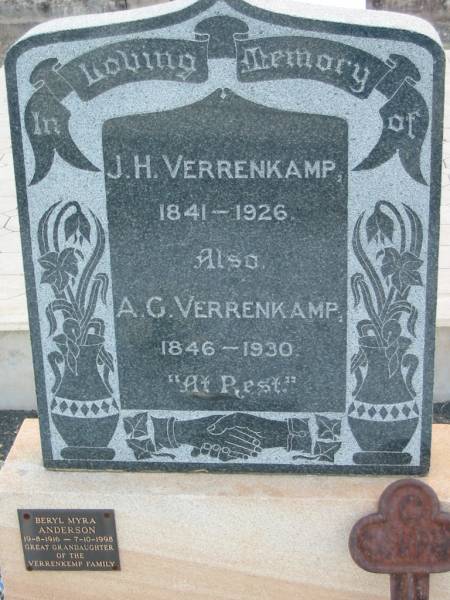 J.H. VERRENKAMP,  | 1841 - 1926;  | A.G. VERRENKAMP;  | 1846 - 1930;  | Beryl Myra ANDERSON,  | 19-8-1916 7-10-1998,  | great grandaughter of the VERRENKAMP family;  | Marburg Lutheran Cemetery, Ipswich  | 
