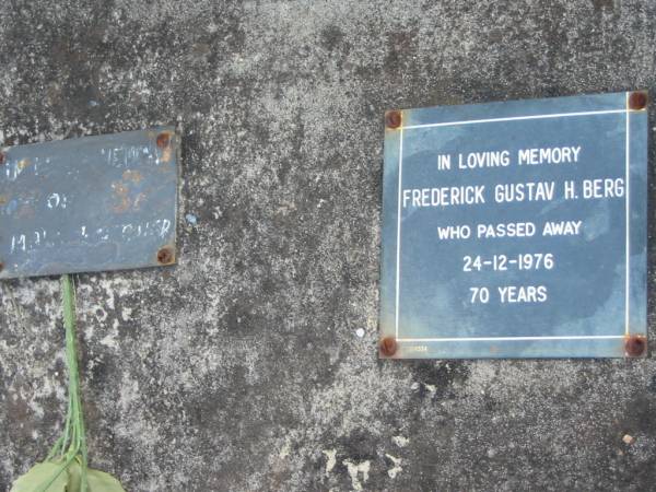 Louisa Emma Therese BERG, wife mother,  | died 15 Aug 1938 aged 62 years 6 months;  | August Frederick W. BERG,  | died 10-10-1971 aged 93 years;  | Frederick Gustav H. BERG,  | died 24-12-1976 aged 70 years;  | Marburg Lutheran Cemetery, Ipswich  | 