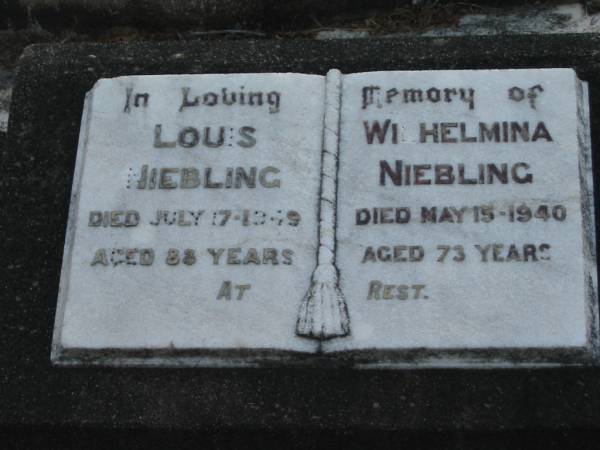 Louis NIEBLING,  | died 17 July 1949 aged 88 years;  | Wilhelmina NIEBLING,  | died 15 May 1940 aged 73 years;  | Marburg Lutheran Cemetery, Ipswich  | 