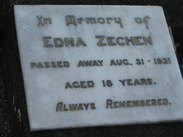 Edna ZECHEN,  | died 31 Aug 1931 aged 18 years;  | Marburg Lutheran Cemetery, Ipswich  | 