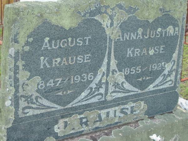 August KRAUSE,  | 1847-1936;  | Anna Justina KRAUSE,  | 1855-1929;  | Marburg Lutheran Cemetery, Ipswich  | 